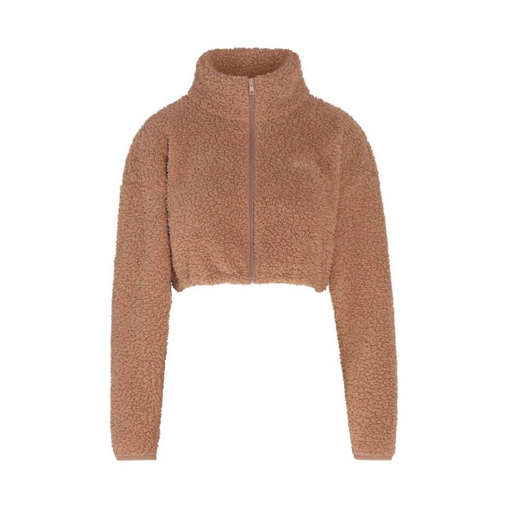 SKIMS TEDDY ZIP UP CROP JACKET in TIGERS EYE, Size M